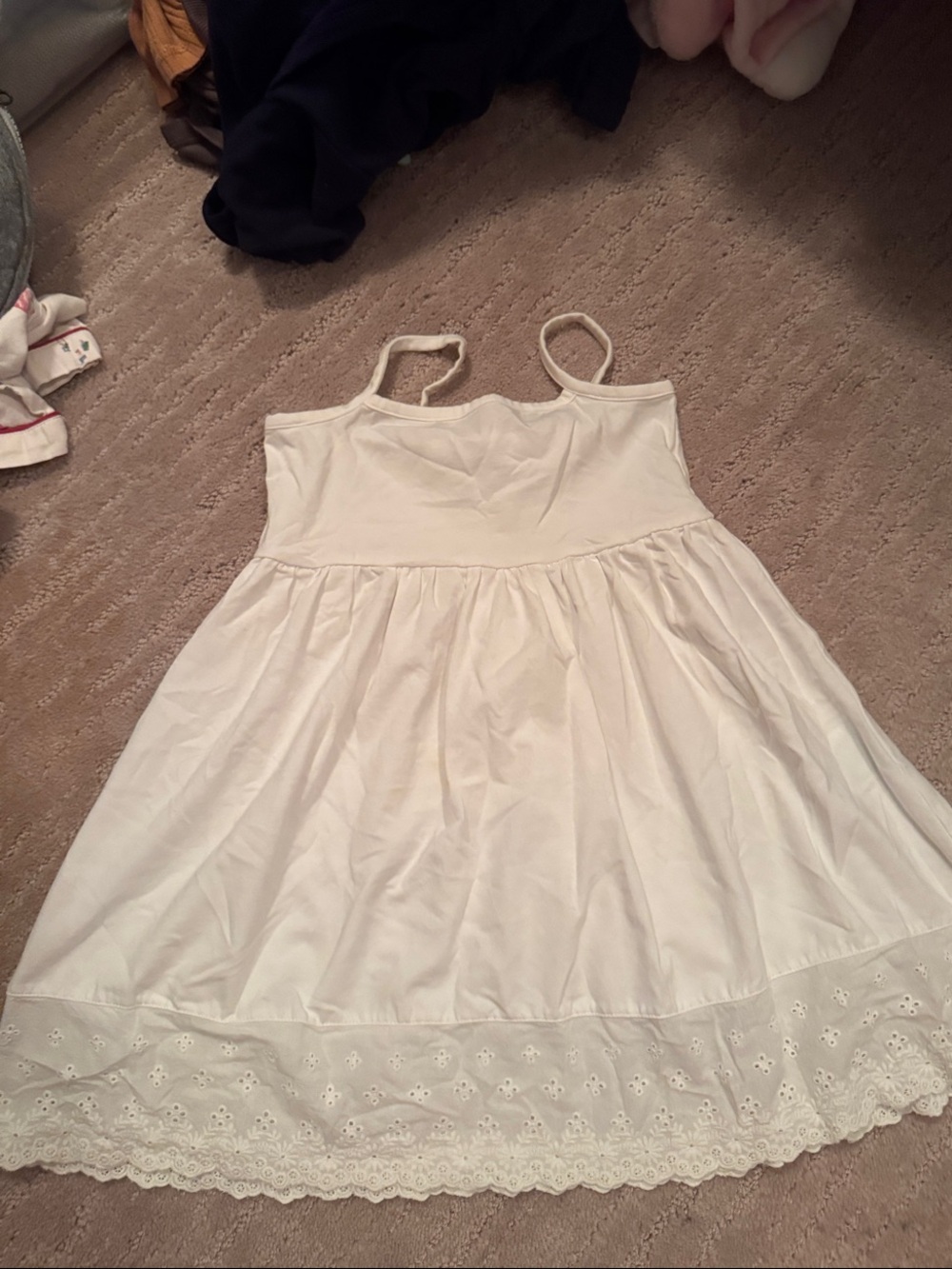 Girls' White Spaghetti Strap Dress with Eyelet Hem